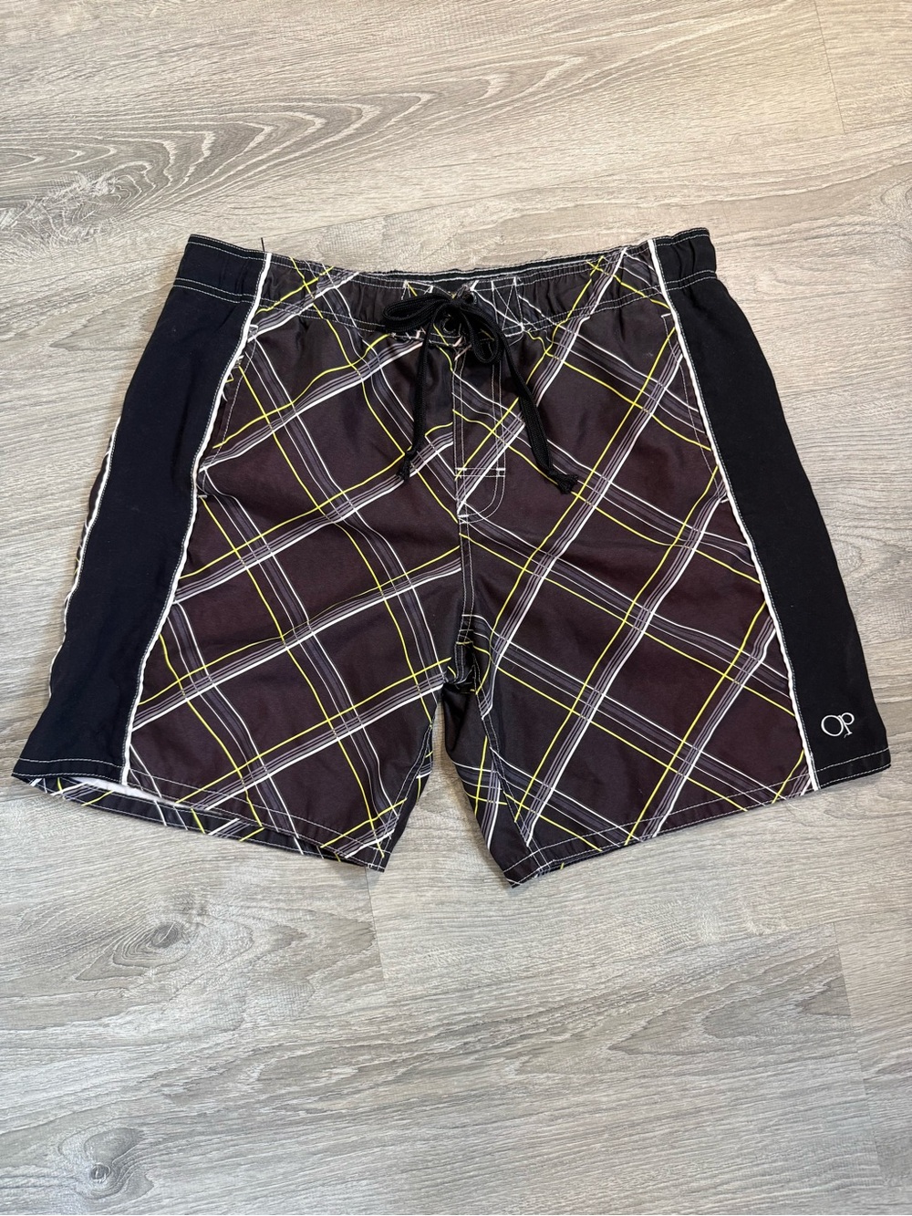 Vintage 90s OP Men's Black Swim Board Shorts with Yellow and White Plaid